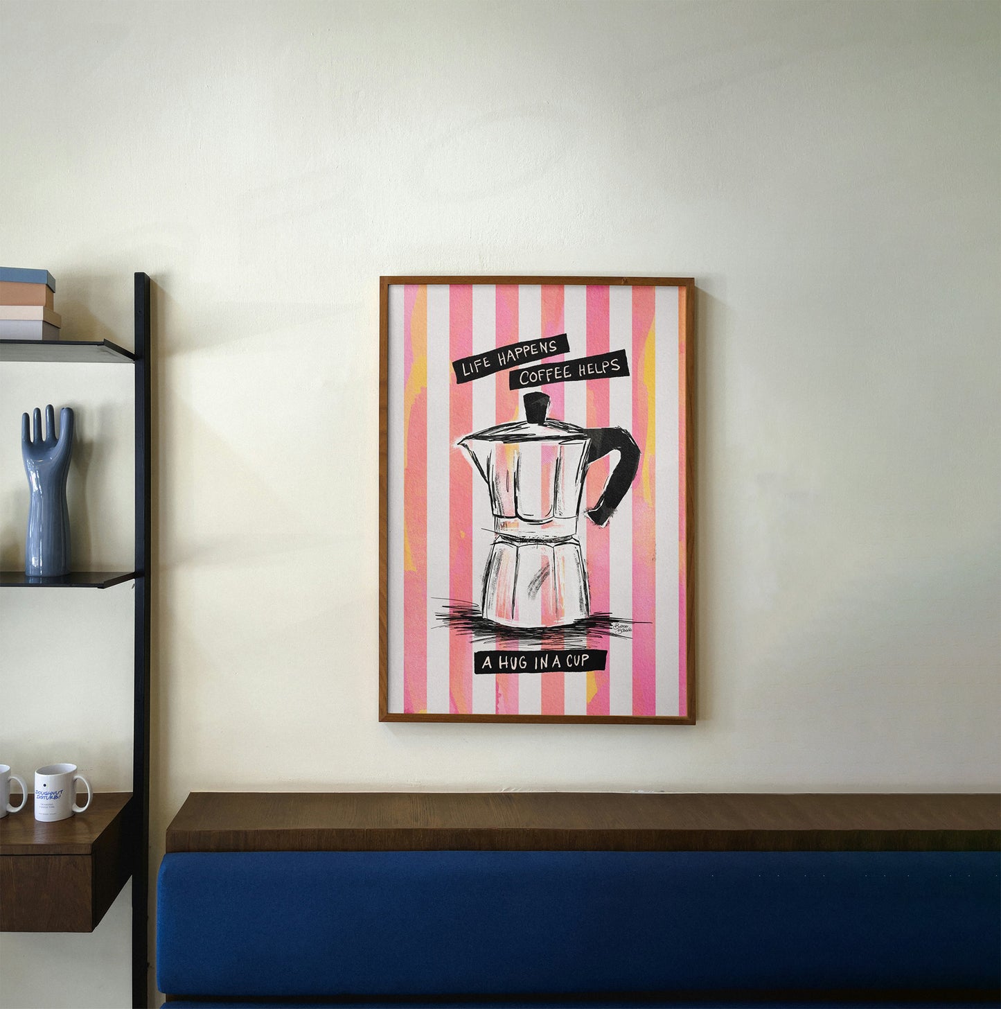 Poster: Mocca Coffee on Stripes - Hug in a Cup poster by Baroo Bloom