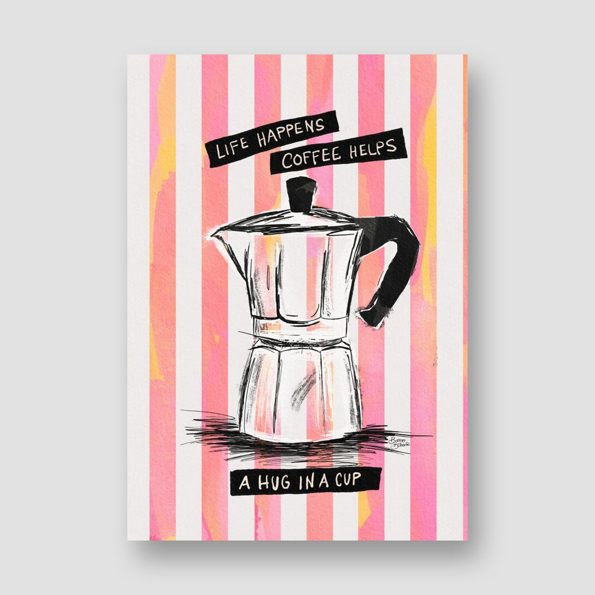 Poster: Mocca Coffee on Stripes - Hug in a Cup poster by Baroo Bloom